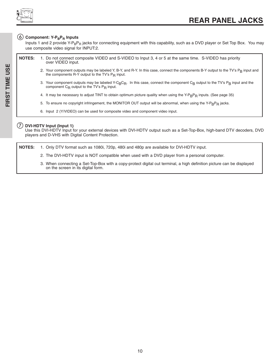 Rear panel jacks, First time use | Hitachi 46F510 User Manual | Page 10 / 68