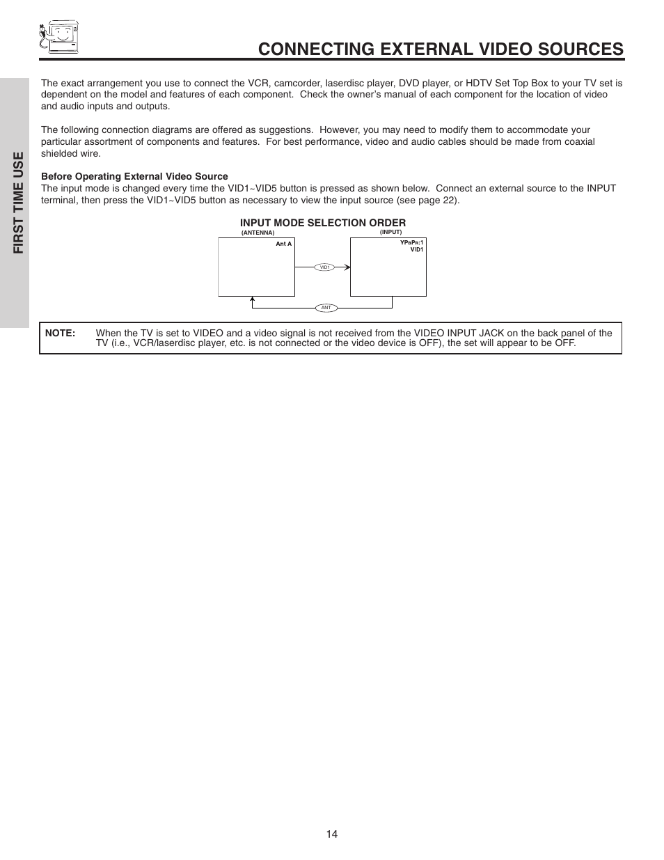 Connecting external video sources, First time use | Hitachi 46F510 User Manual | Page 14 / 68