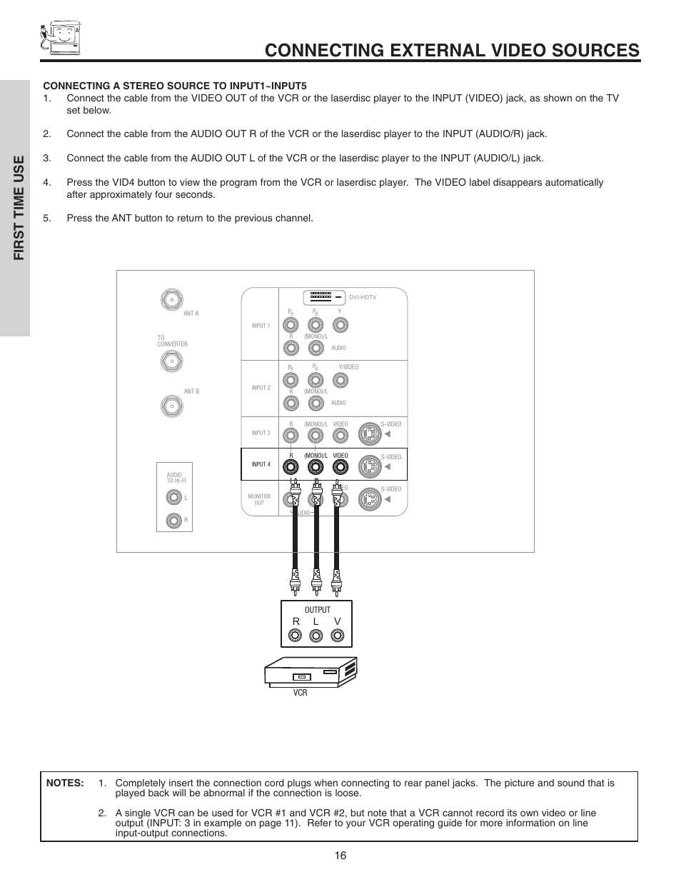 Connecting external video sources, First time use | Hitachi 46F510 User Manual | Page 16 / 68