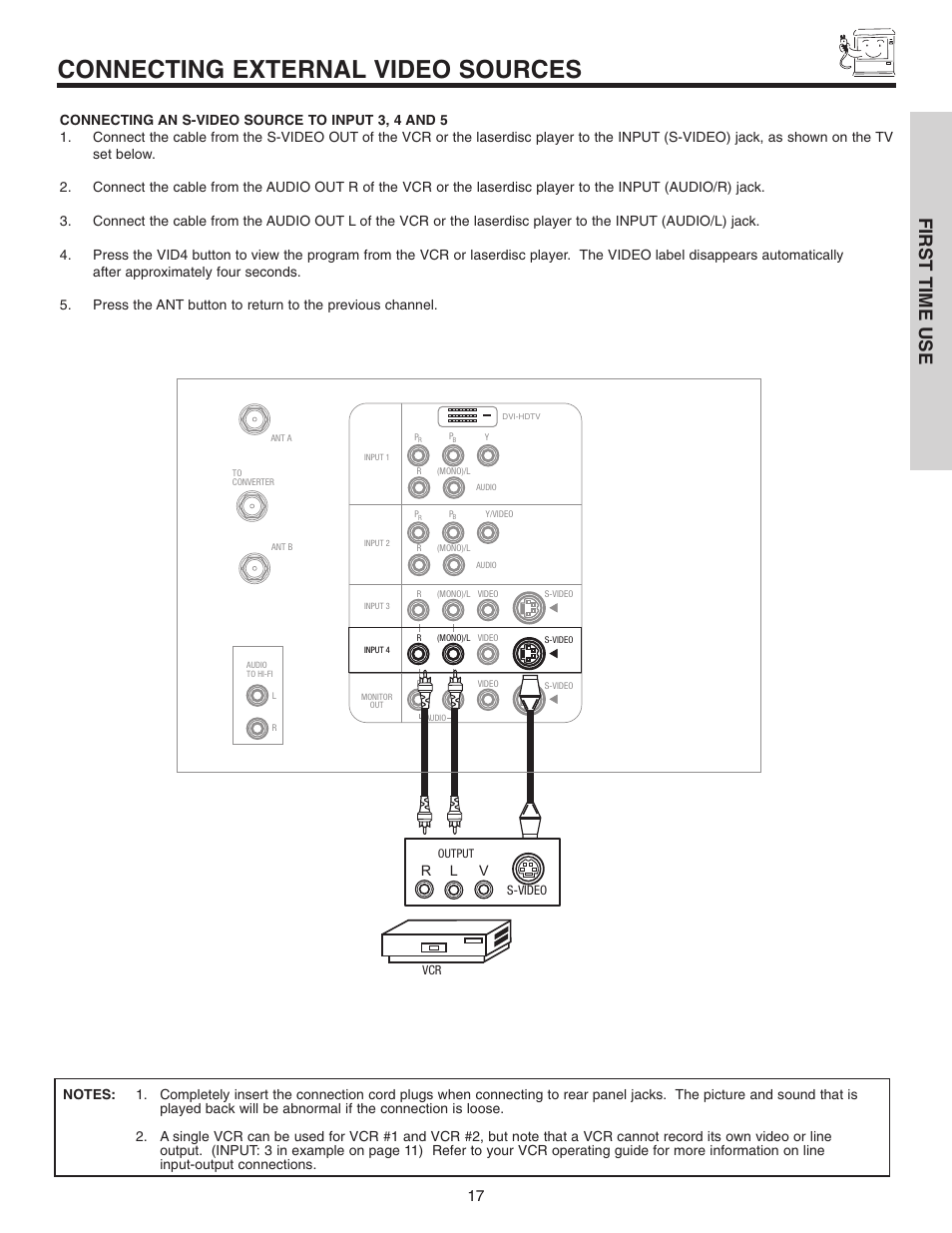 Connecting external video sources, First time use | Hitachi 46F510 User Manual | Page 17 / 68