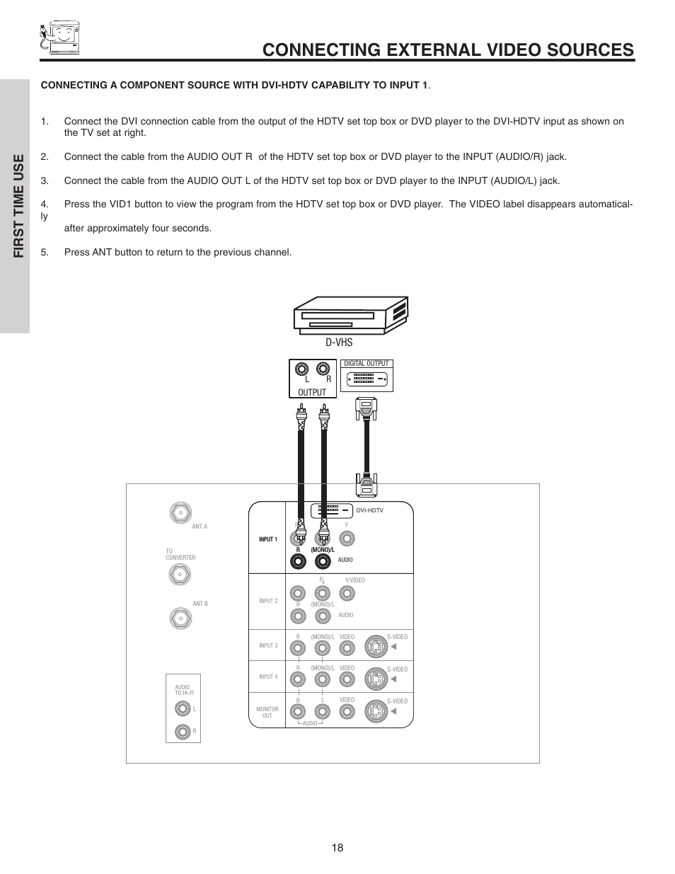 Connecting external video sources, First time use, D-vhs | Hitachi 46F510 User Manual | Page 18 / 68