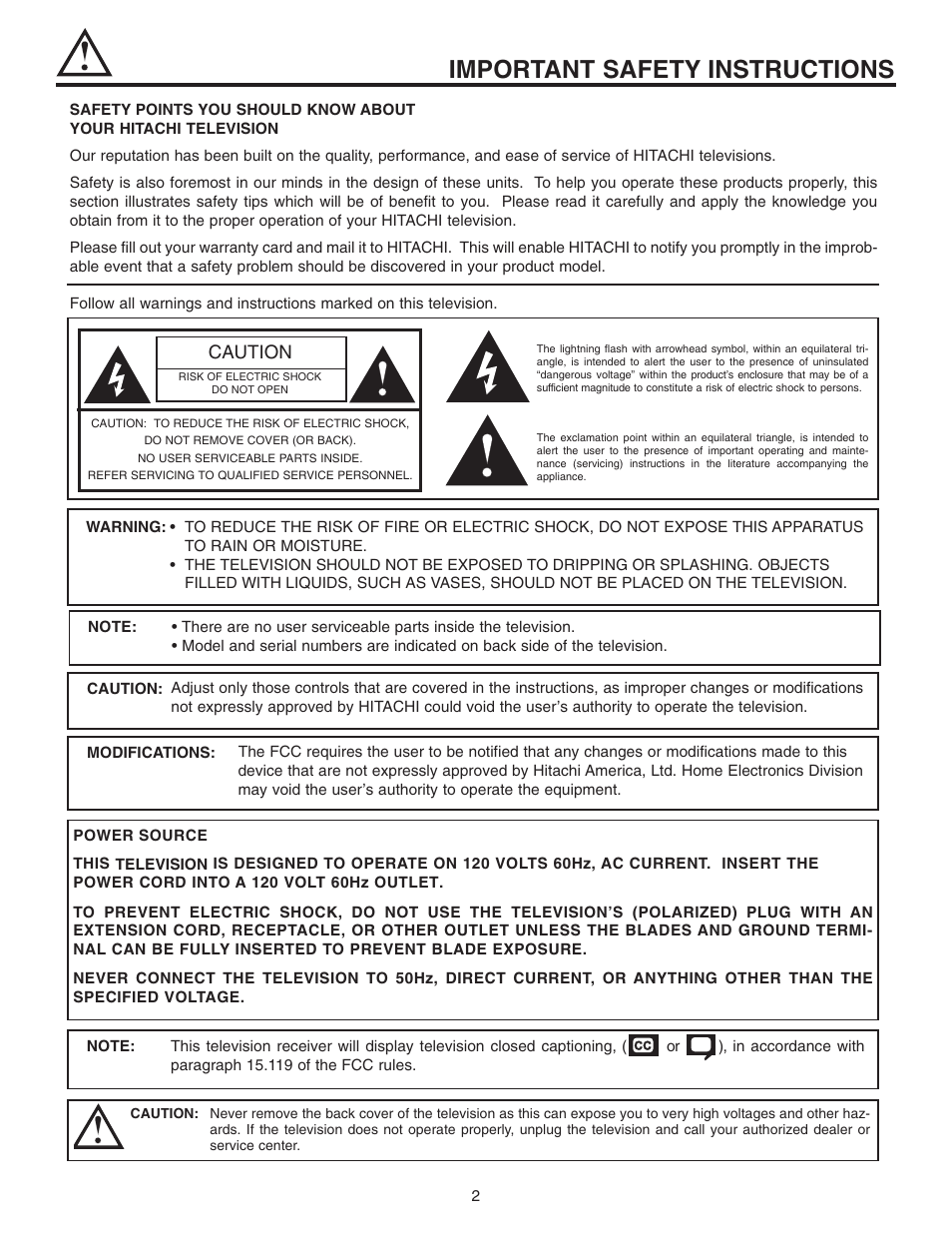 Important safety instructions, Caution | Hitachi 46F510 User Manual | Page 2 / 68