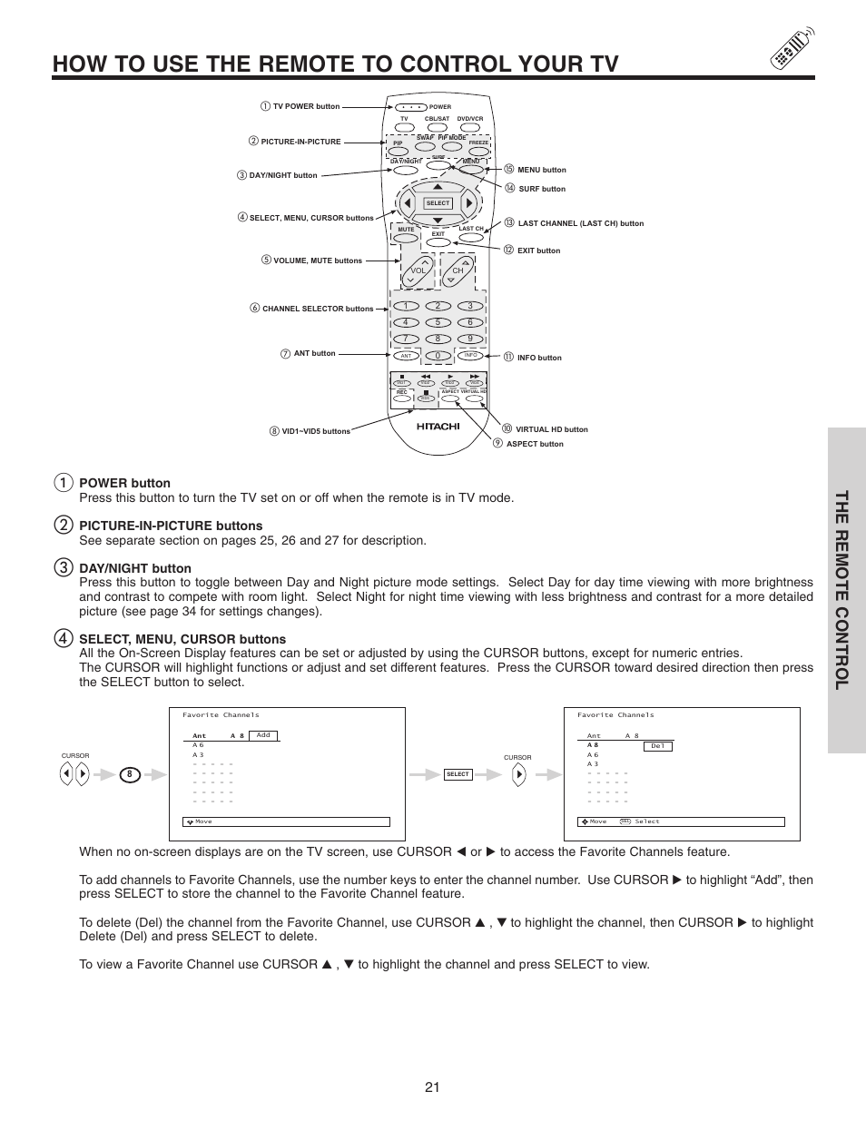 How to use the remote to control your tv, The remote control | Hitachi 46F510 User Manual | Page 21 / 68