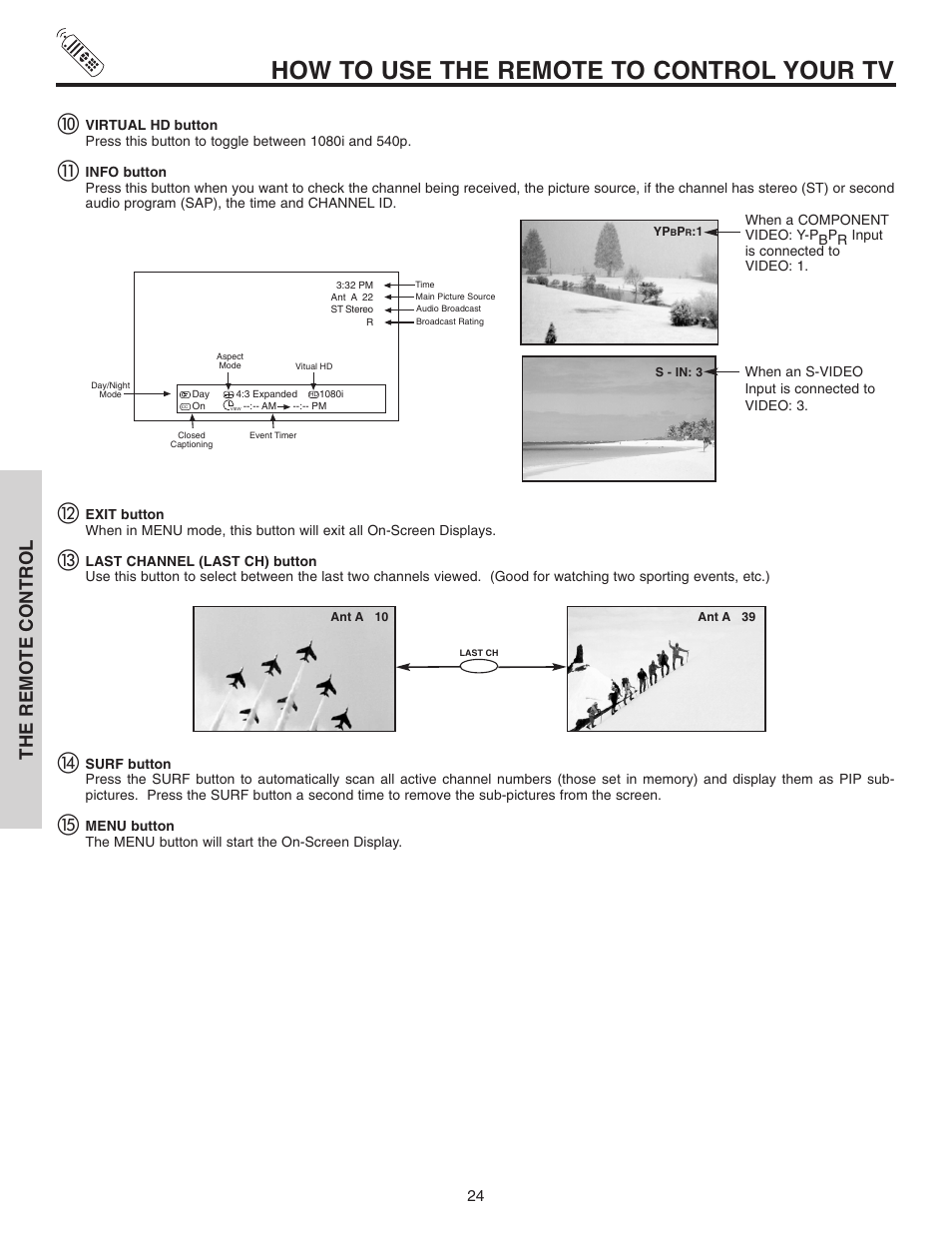 How to use the remote to control your tv, The remote control | Hitachi 46F510 User Manual | Page 24 / 68