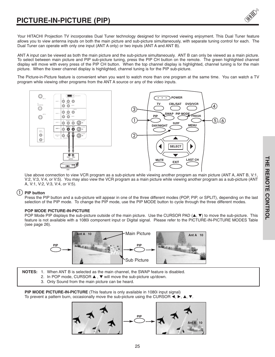 Picture-in-picture (pip), ቢቤ ብ ቦ , ቧ, The remote control | Main picture sub picture | Hitachi 46F510 User Manual | Page 25 / 68