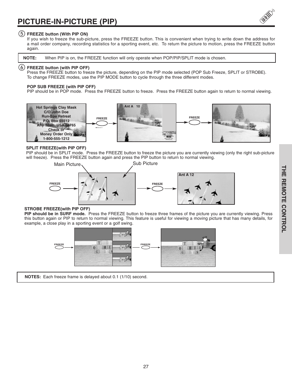 Picture-in-picture (pip), The remote control, Main picture sub picture | Hitachi 46F510 User Manual | Page 27 / 68