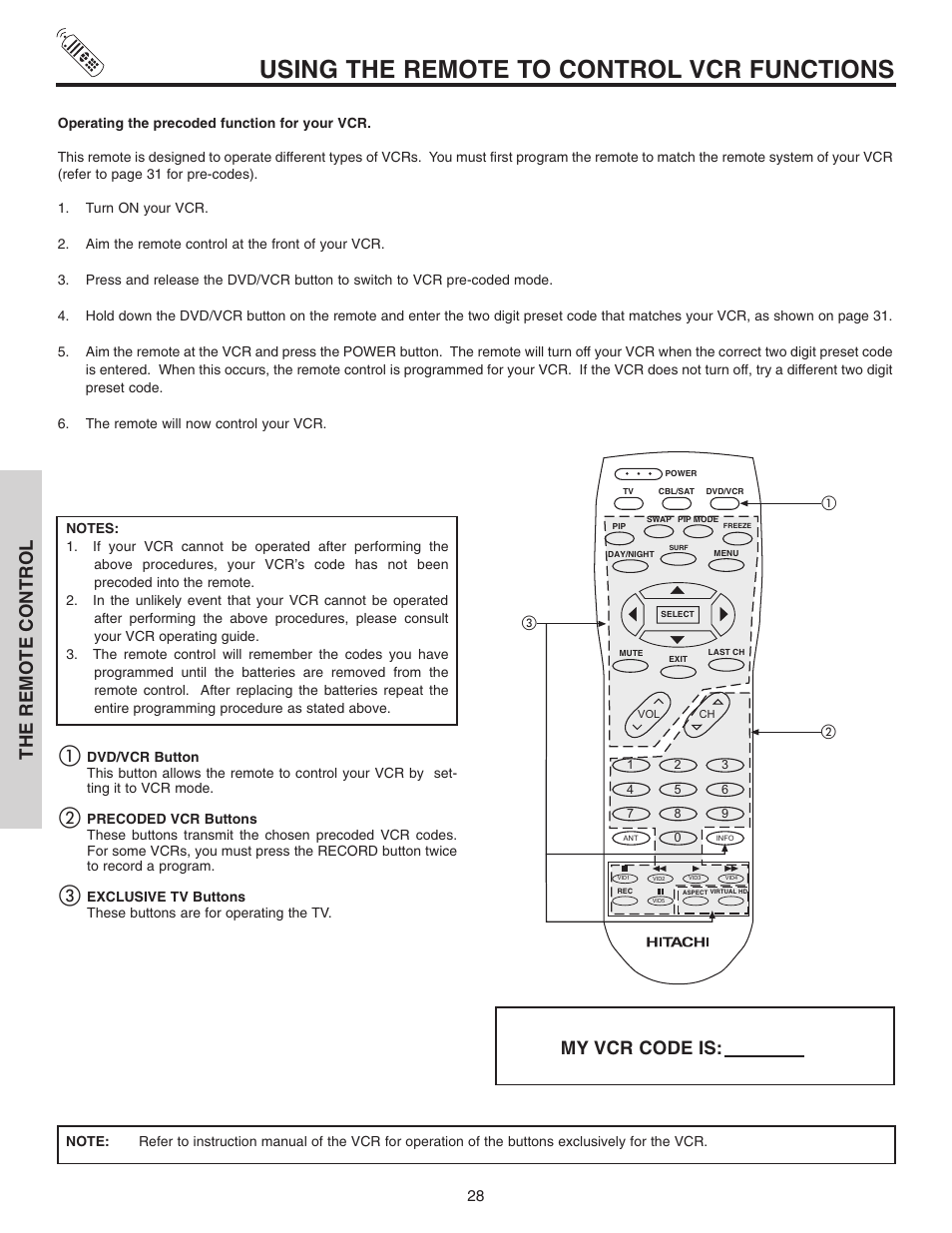 Using the remote to control vcr functions, The remote control, My vcr code is | Hitachi 46F510 User Manual | Page 28 / 68