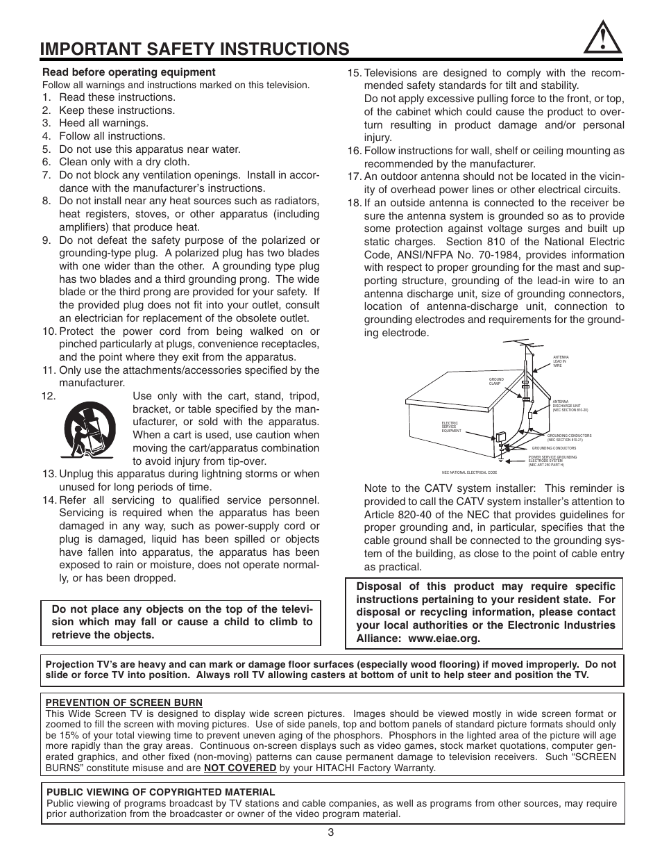 Important safety instructions | Hitachi 46F510 User Manual | Page 3 / 68
