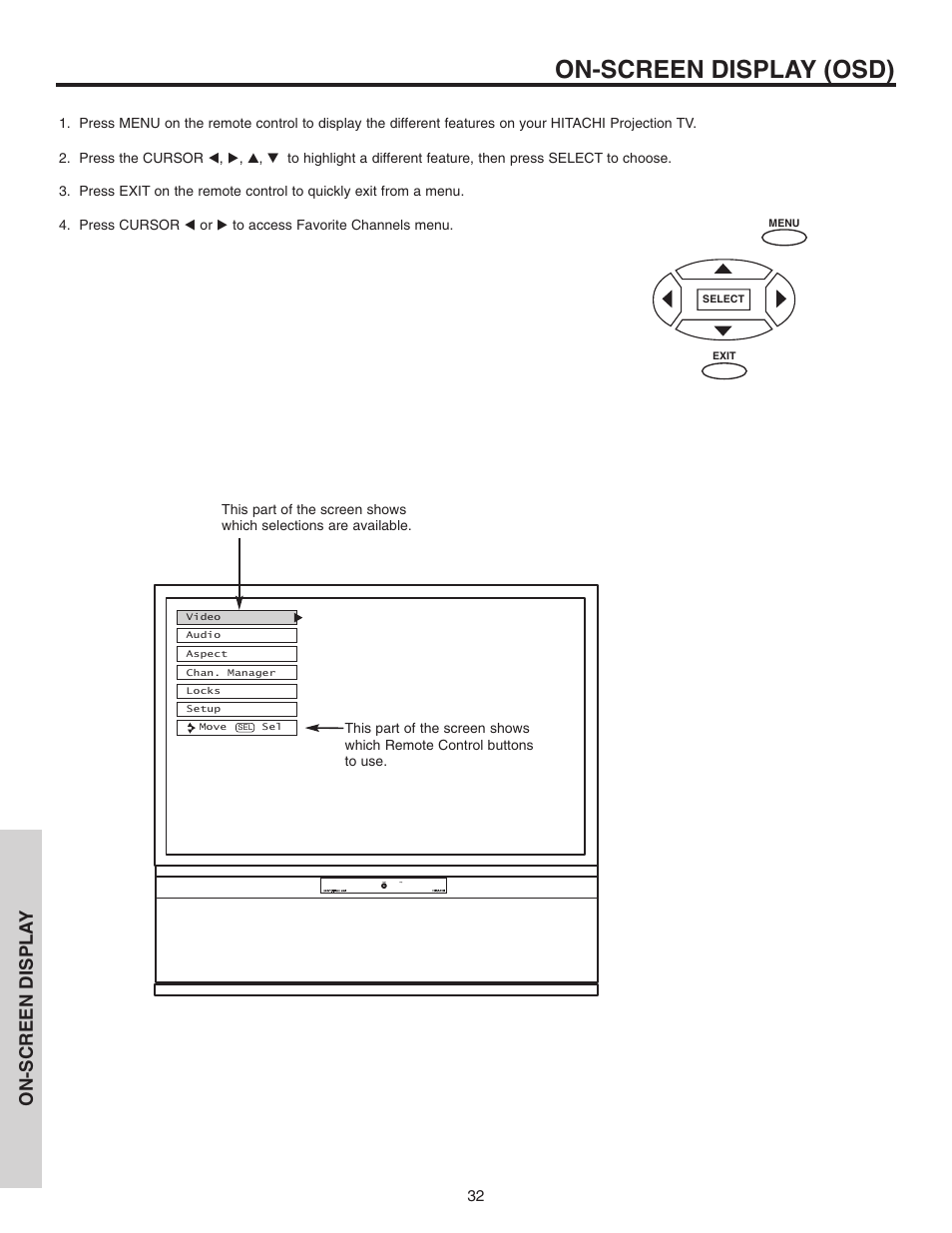 On-screen display (osd), On-screen displa y | Hitachi 46F510 User Manual | Page 32 / 68