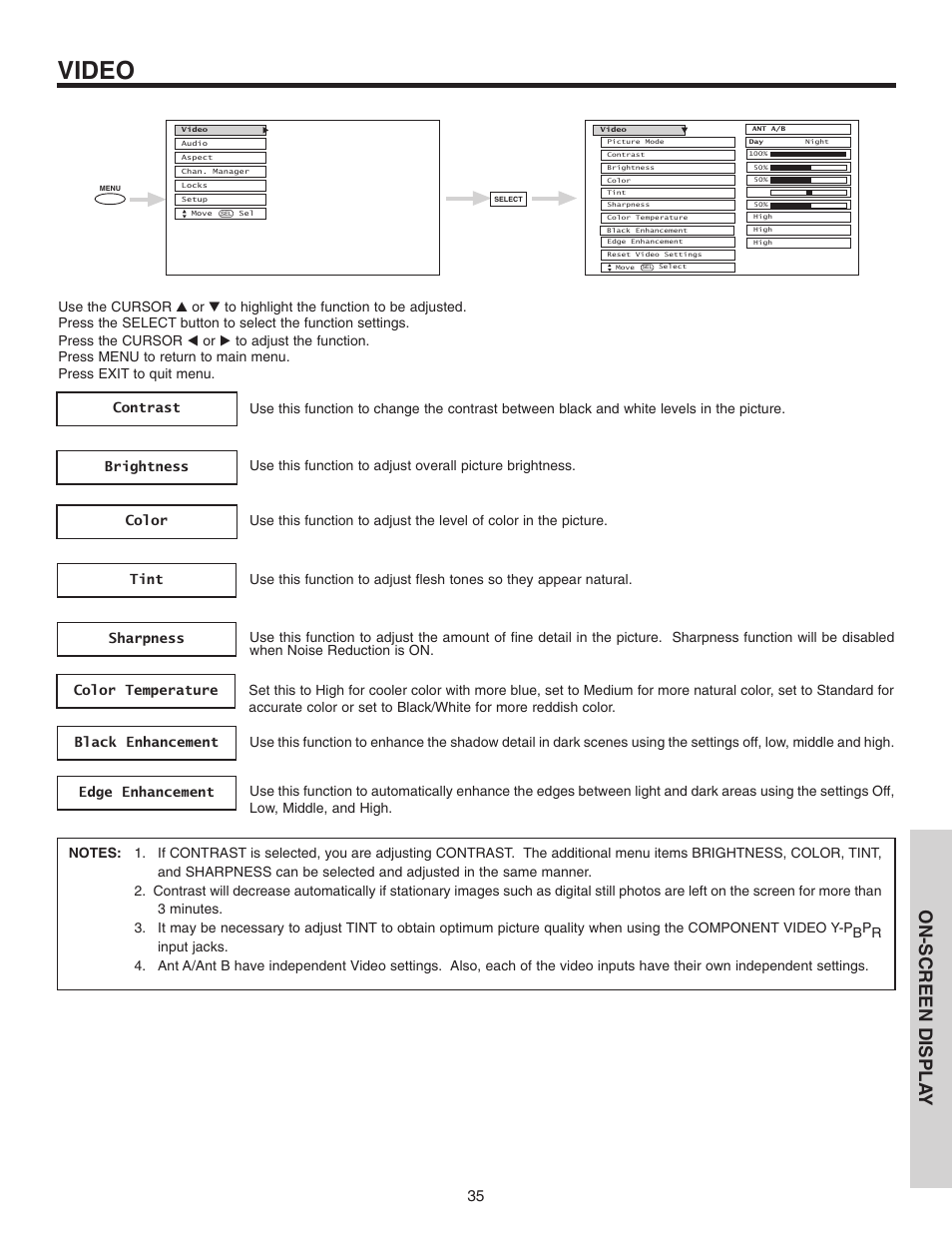 Video, On-screen displa y | Hitachi 46F510 User Manual | Page 35 / 68