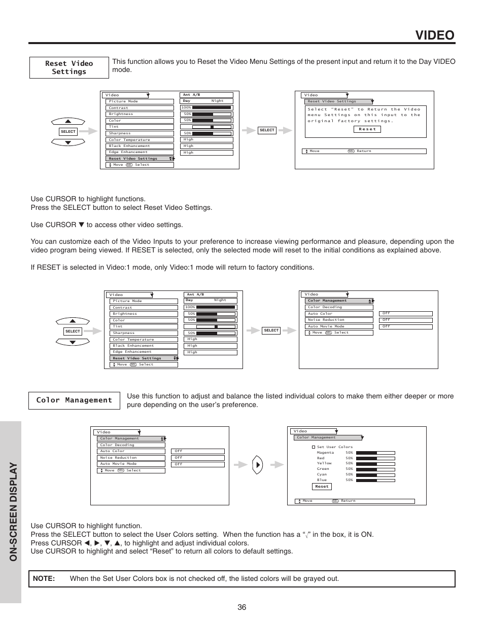 Video, On-screen displa y | Hitachi 46F510 User Manual | Page 36 / 68