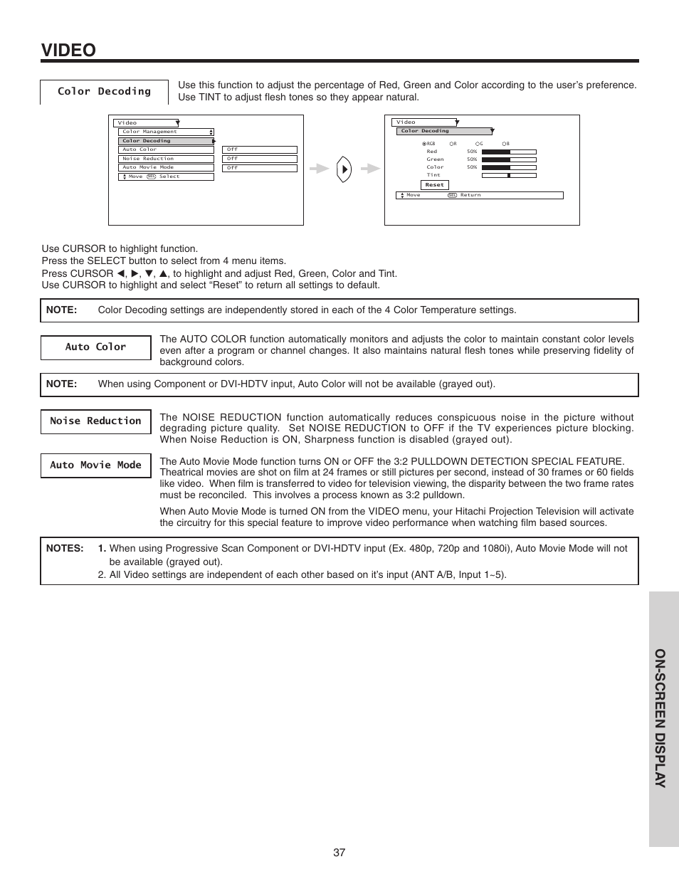 Video, On-screen displa y | Hitachi 46F510 User Manual | Page 37 / 68