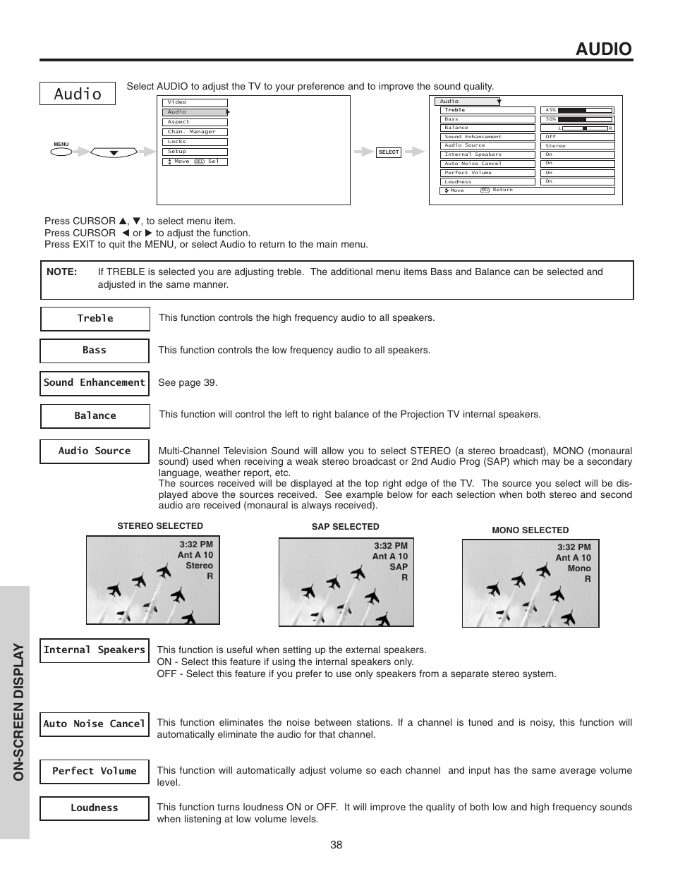 Audio, On-screen displa y | Hitachi 46F510 User Manual | Page 38 / 68
