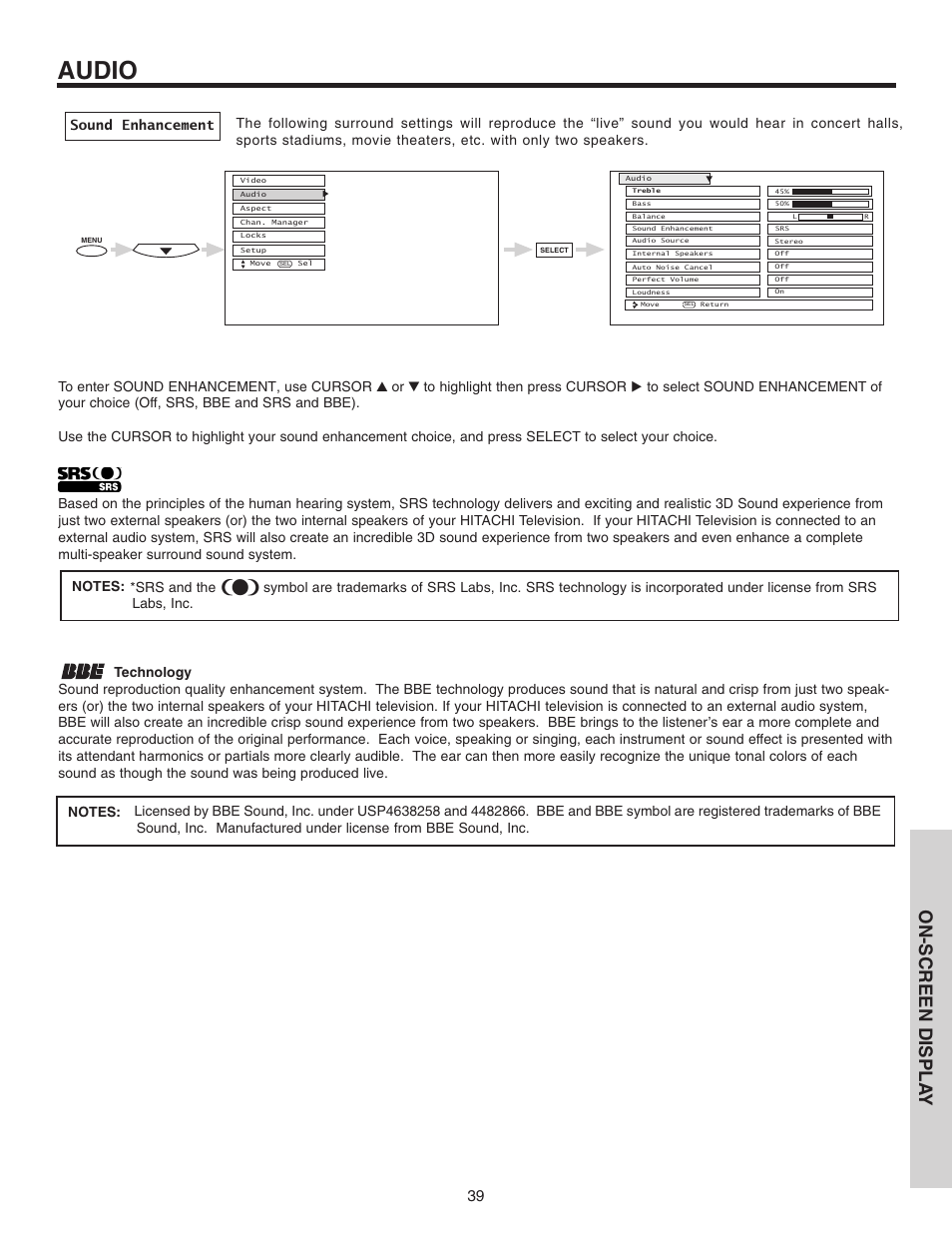 Audio, On-screen displa y | Hitachi 46F510 User Manual | Page 39 / 68