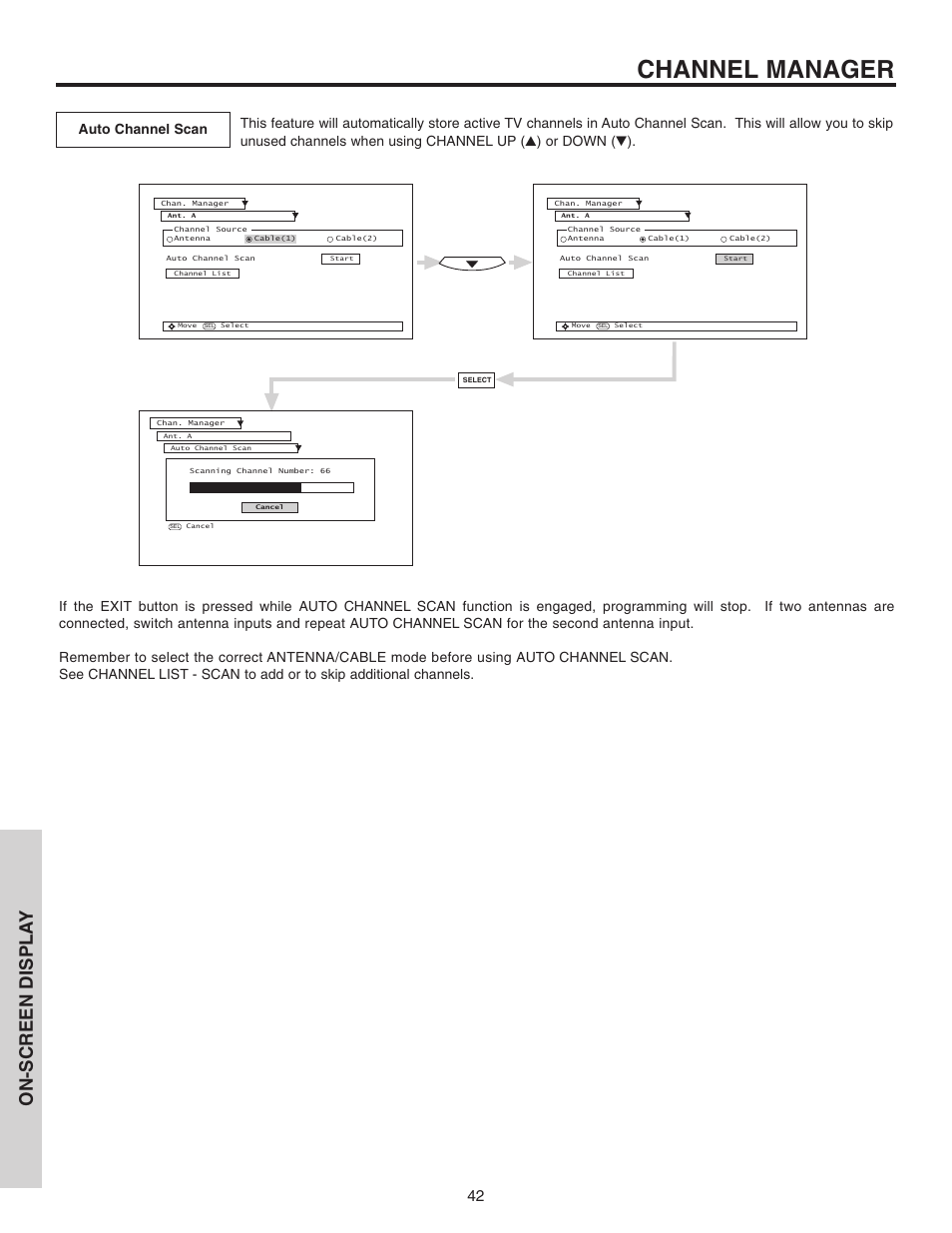Channel manager, On-screen displa y | Hitachi 46F510 User Manual | Page 42 / 68