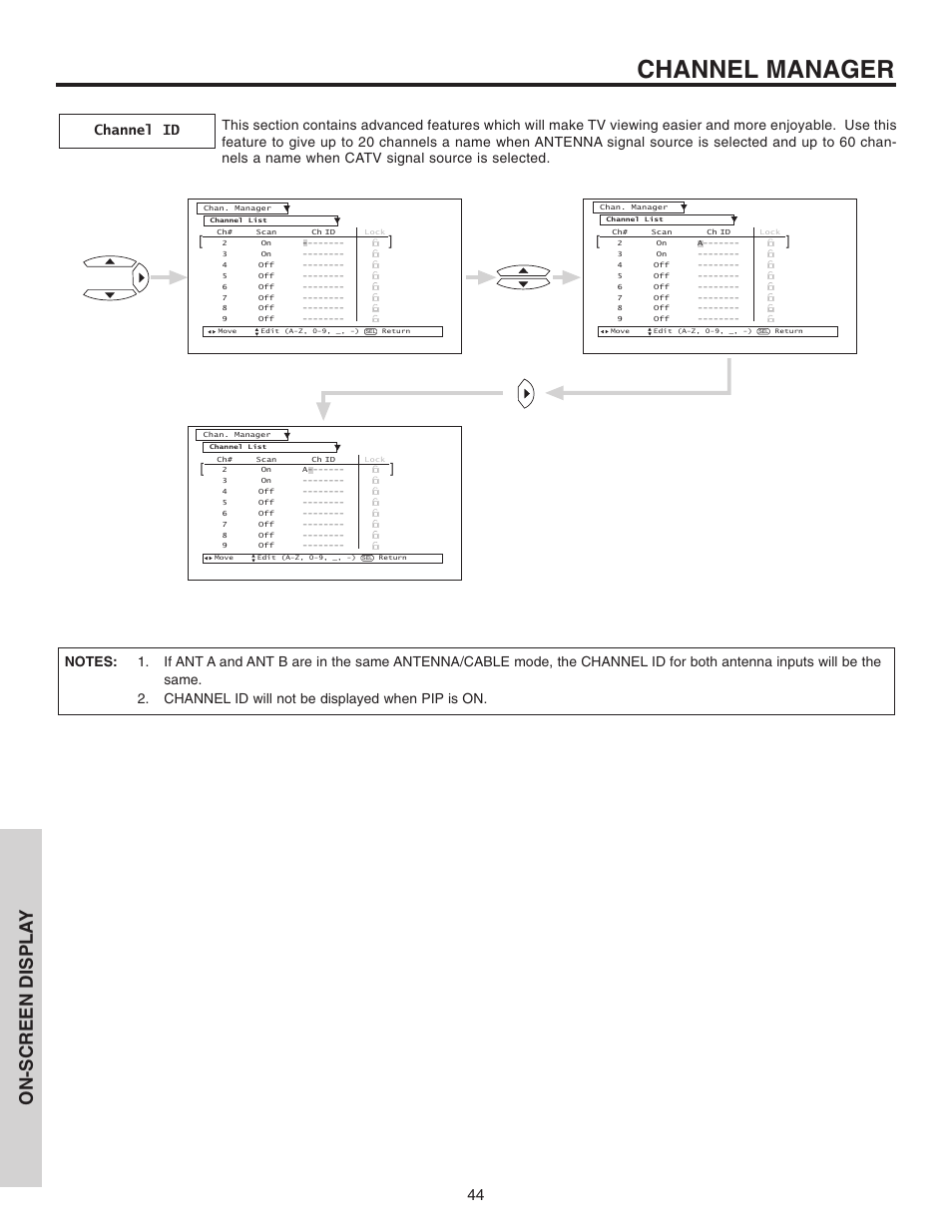 Channel manager, On-screen displa y | Hitachi 46F510 User Manual | Page 44 / 68