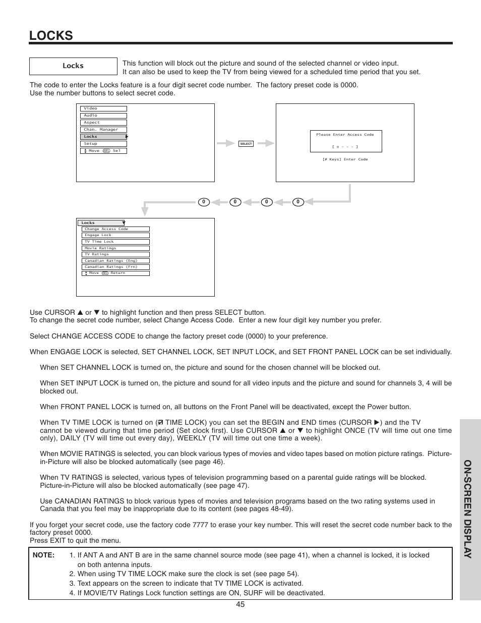 Locks, On-screen displa y | Hitachi 46F510 User Manual | Page 45 / 68