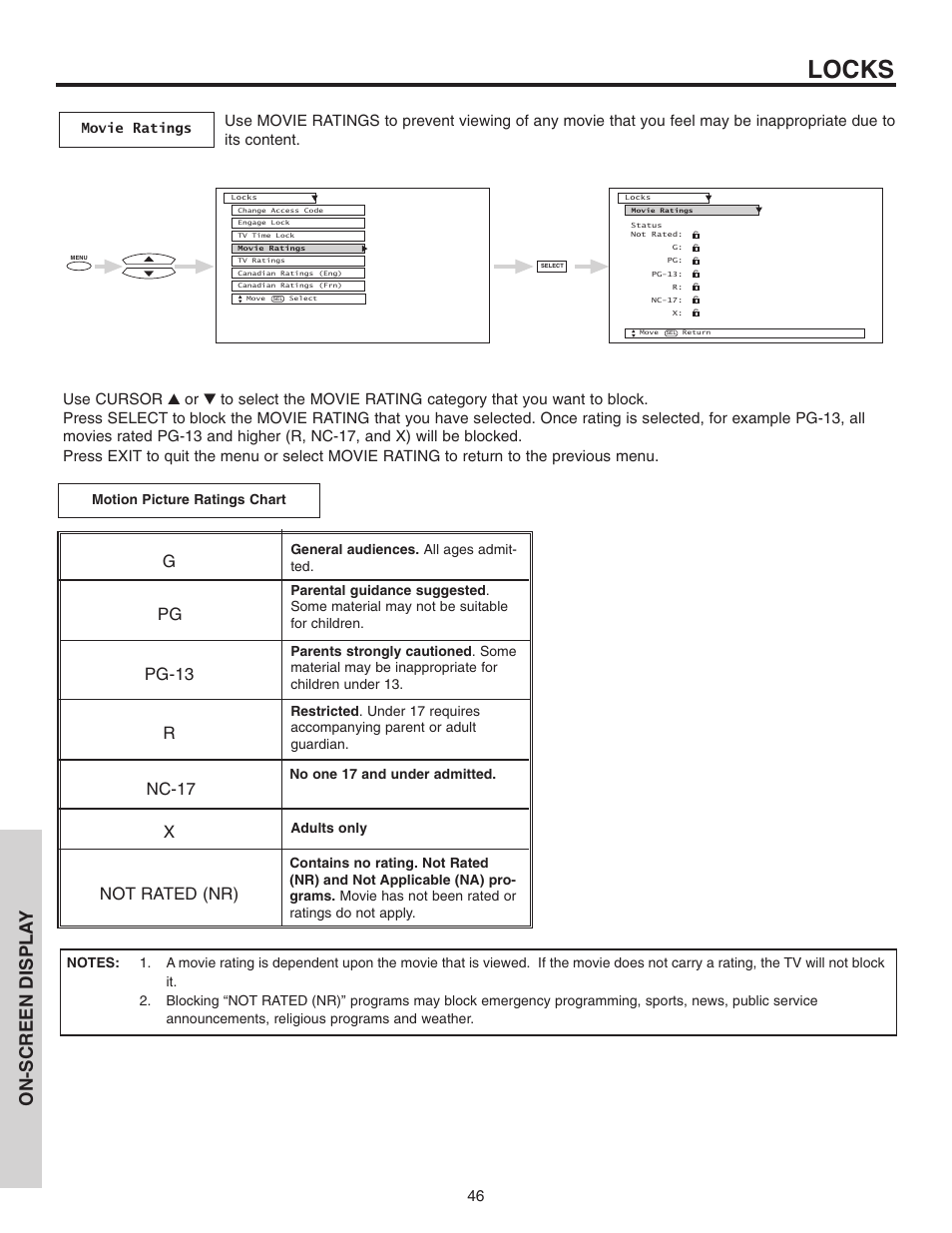 Locks, On-screen displa y, Gpg pg-13 r nc-17 x not rated (nr) | Hitachi 46F510 User Manual | Page 46 / 68