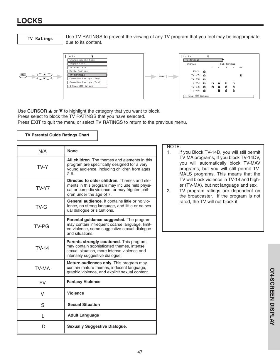 Locks, On-screen displa y, Tv-y tv-y7 tv-g tv-pg tv-14 tv-ma | Hitachi 46F510 User Manual | Page 47 / 68