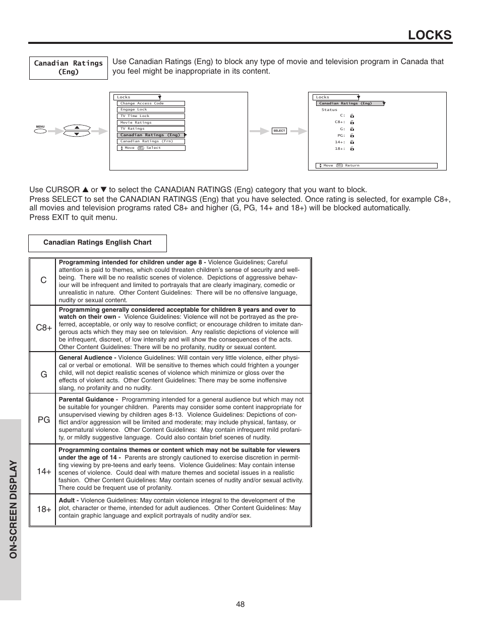 Locks, On-screen displa y | Hitachi 46F510 User Manual | Page 48 / 68