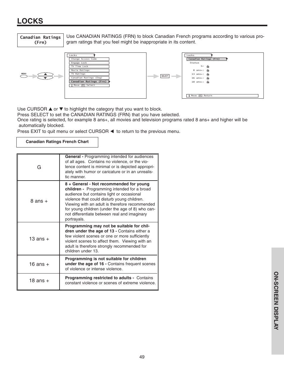 Locks, On-screen displa y | Hitachi 46F510 User Manual | Page 49 / 68