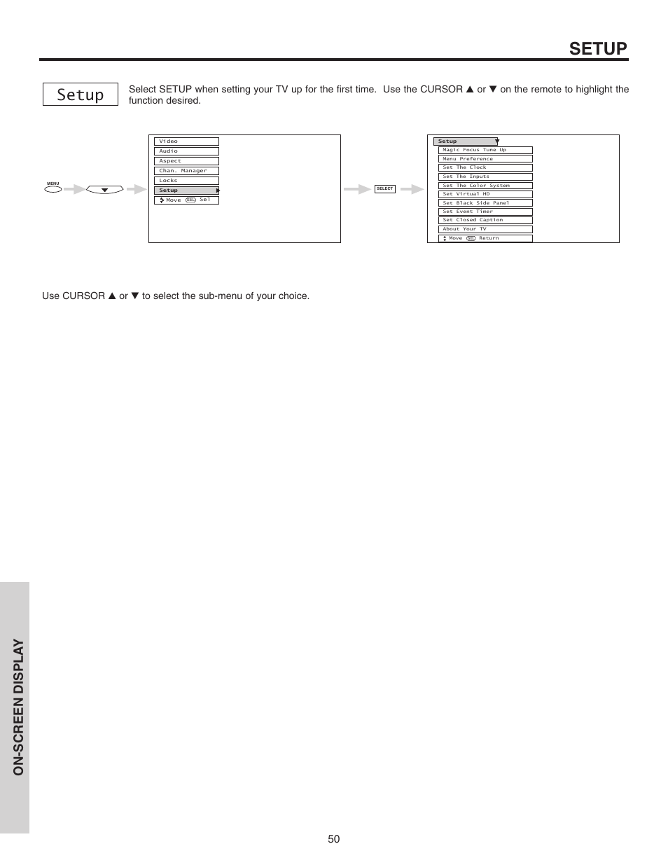 Setup, On-screen displa y | Hitachi 46F510 User Manual | Page 50 / 68