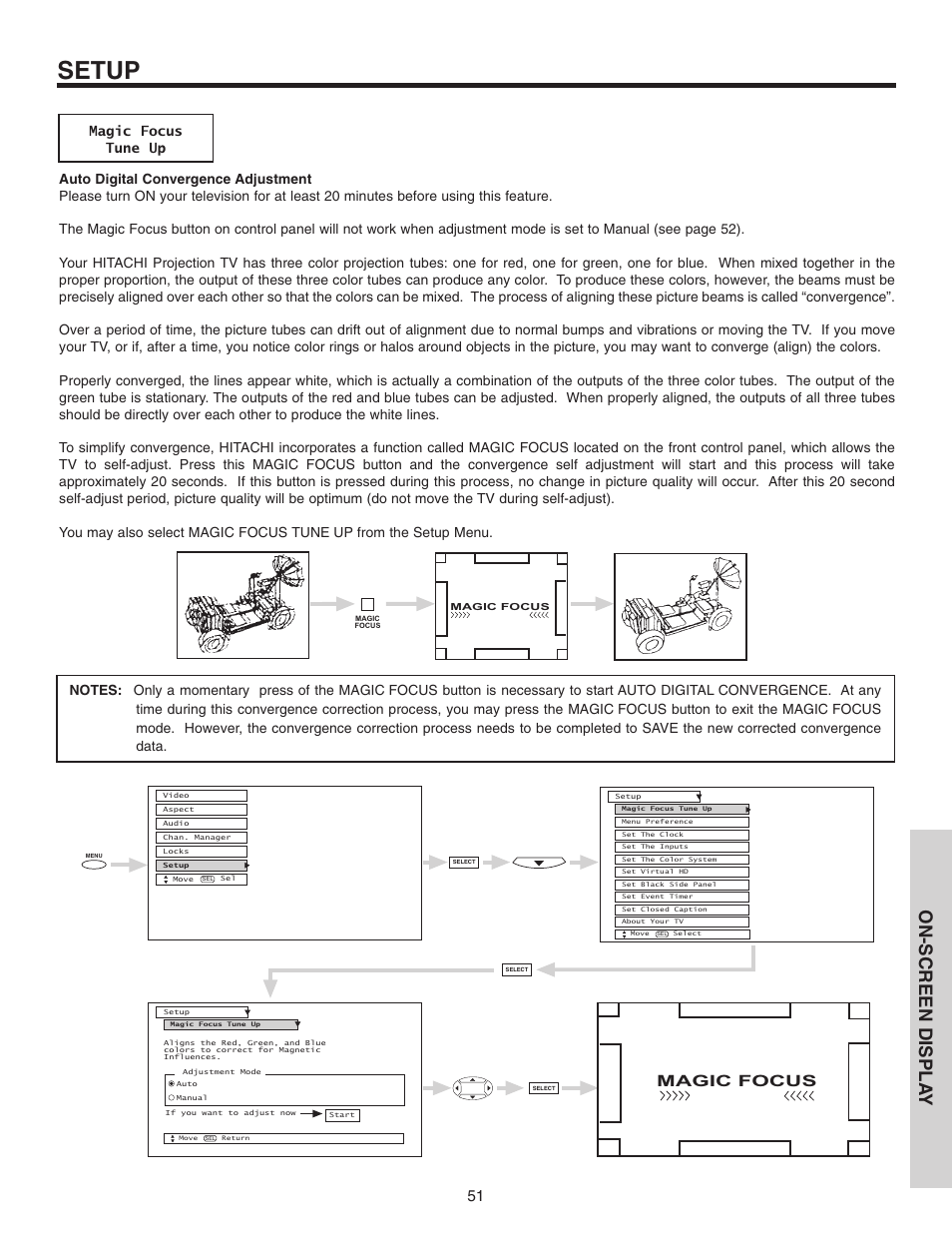 Setup, On-screen displa y, Magic focus | Hitachi 46F510 User Manual | Page 51 / 68