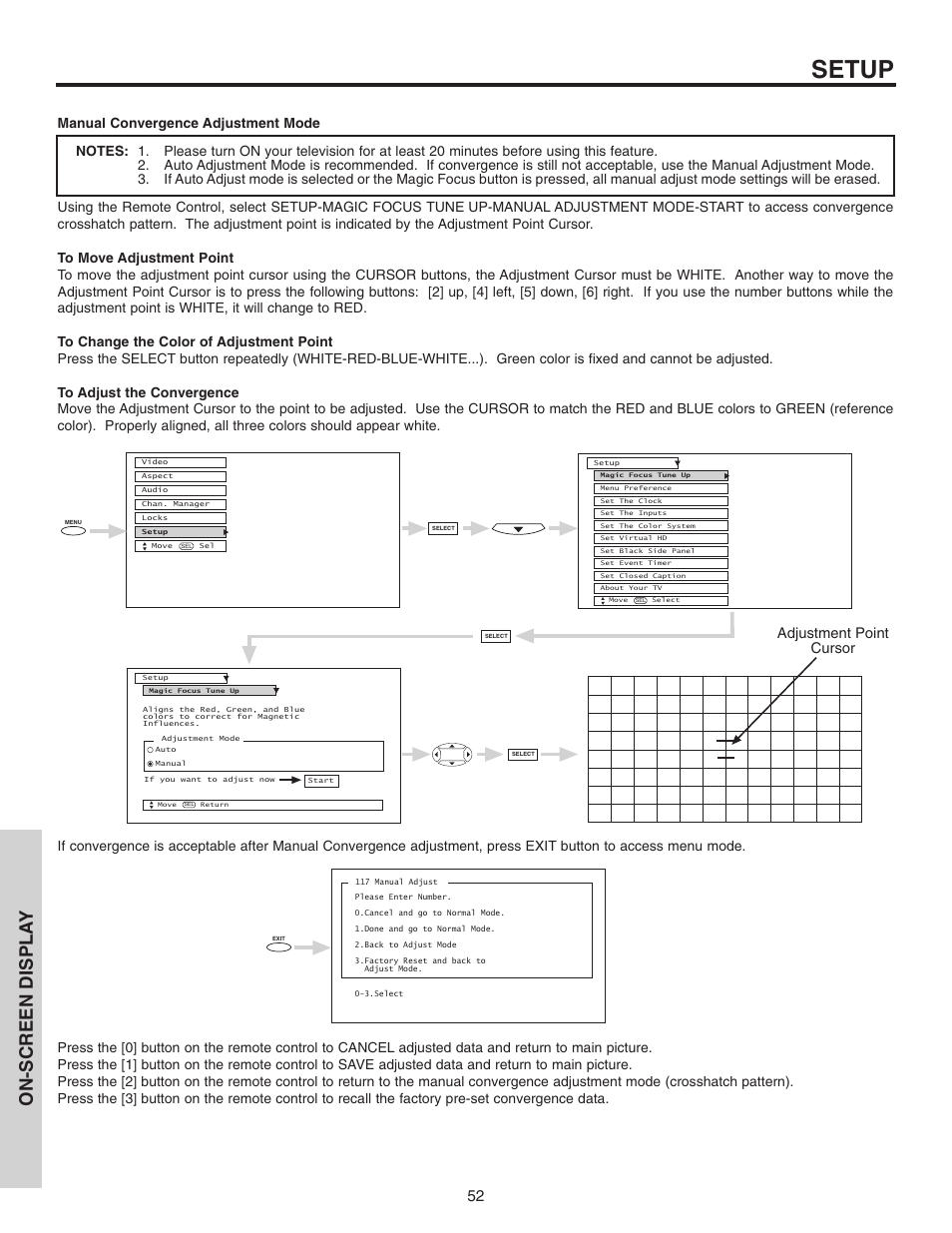 Setup, On-screen displa y, Adjustment point cursor | Hitachi 46F510 User Manual | Page 52 / 68