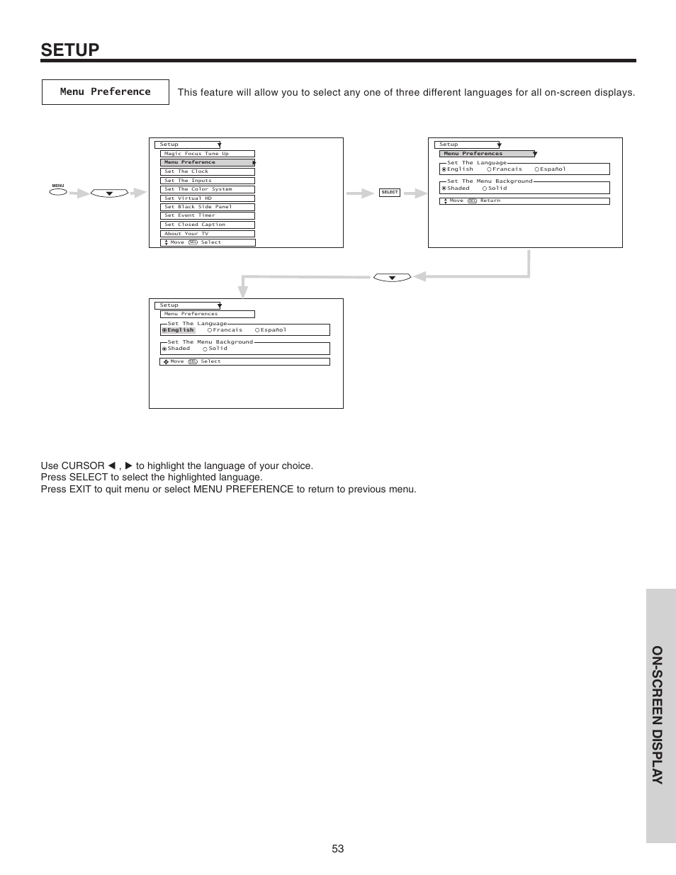 Setup, On-screen displa y | Hitachi 46F510 User Manual | Page 53 / 68