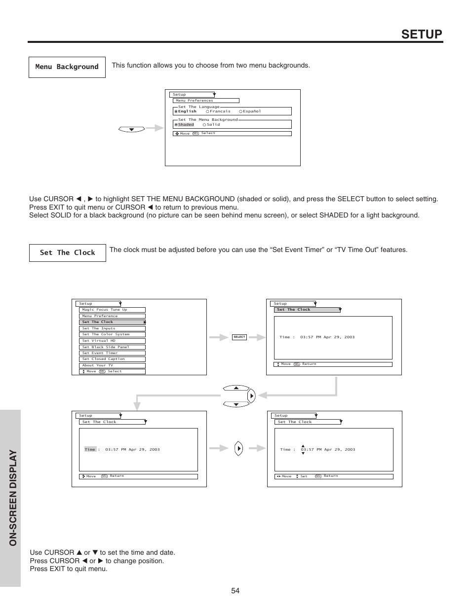 Setup, On-screen displa y | Hitachi 46F510 User Manual | Page 54 / 68