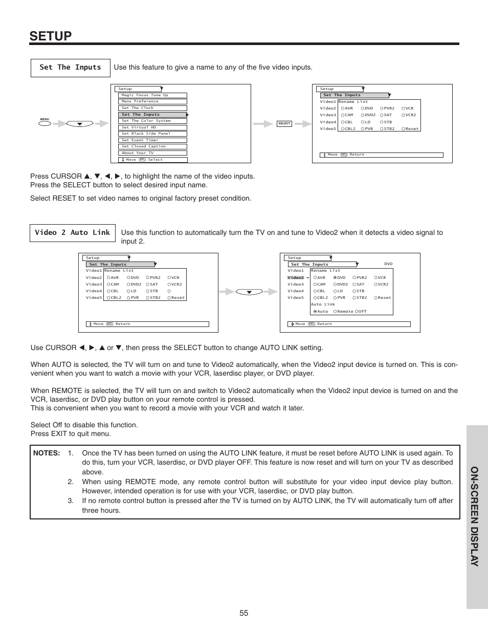 Setup, On-screen displa y | Hitachi 46F510 User Manual | Page 55 / 68