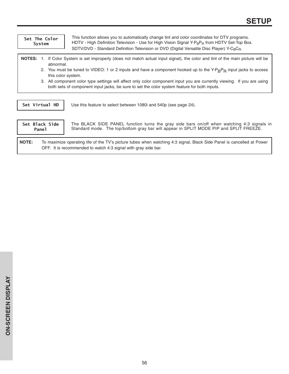 Setup, On-screen displa y | Hitachi 46F510 User Manual | Page 56 / 68