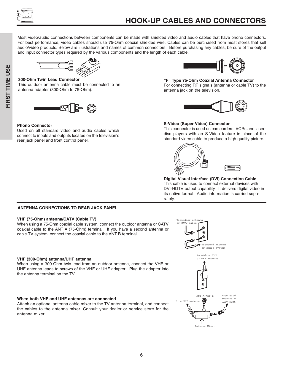 Hook-up cables and connectors, First time use | Hitachi 46F510 User Manual | Page 6 / 68