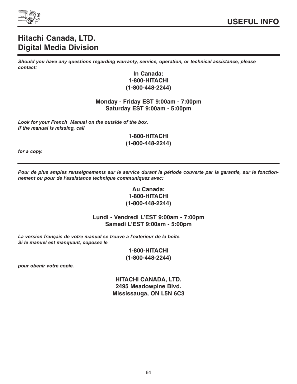 Useful info, Hitachi canada, ltd. digital media division | Hitachi 46F510 User Manual | Page 64 / 68