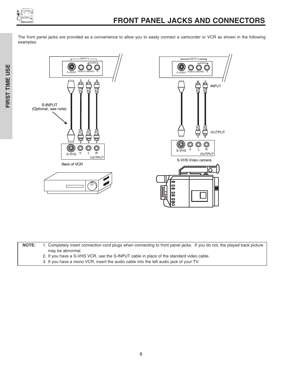 Front panel jacks and connectors, First time use | Hitachi 46F510 User Manual | Page 8 / 68