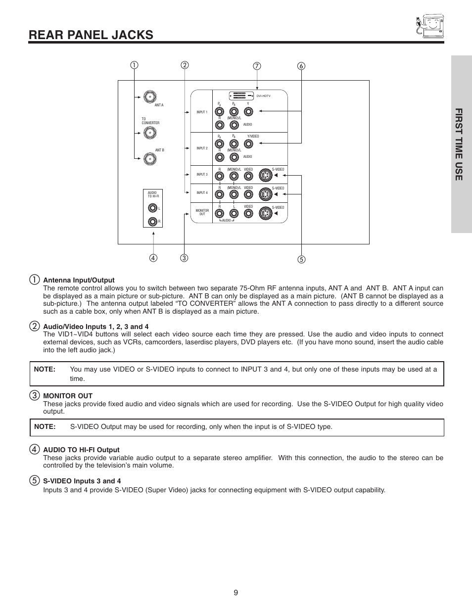 Rear panel jacks, First time use | Hitachi 46F510 User Manual | Page 9 / 68