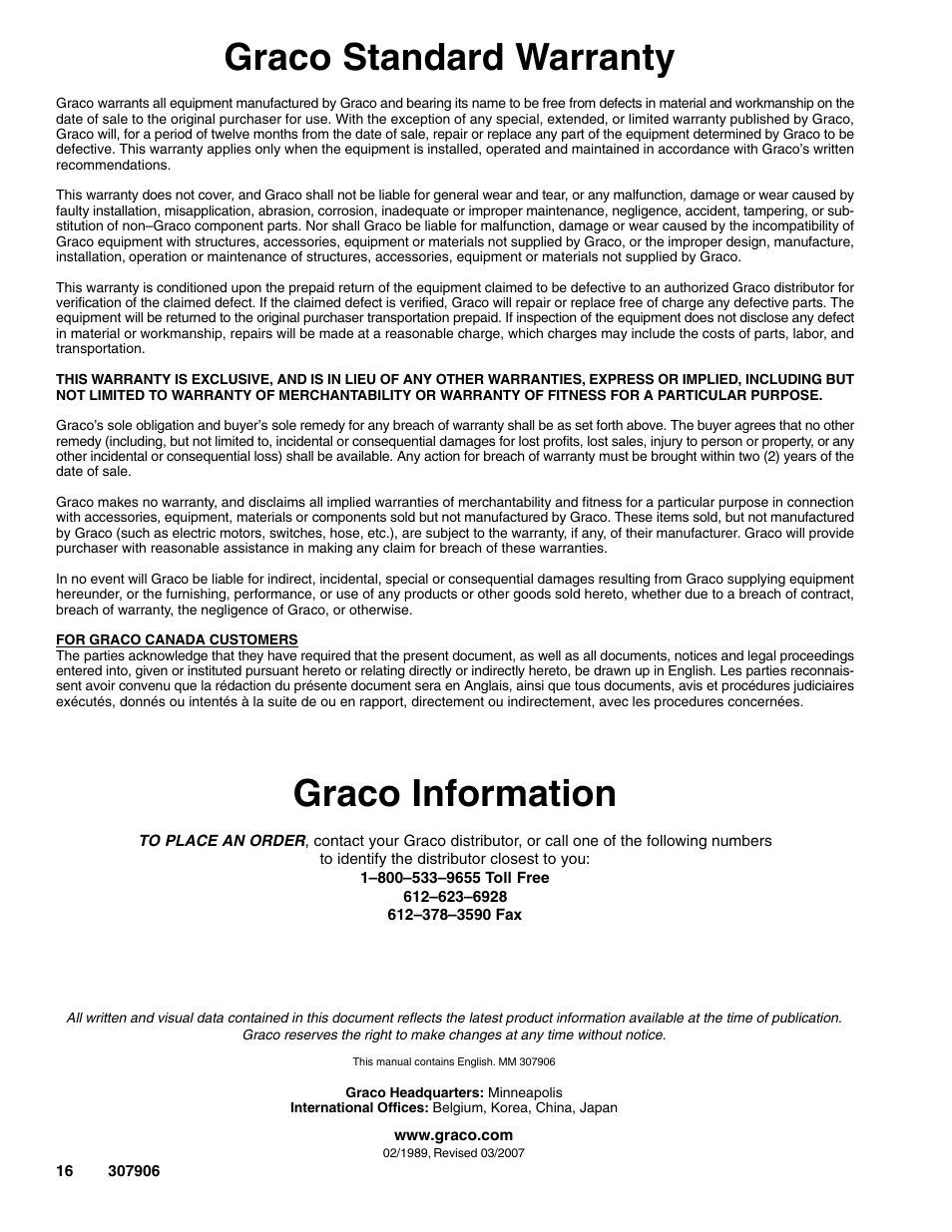 Graco standard warranty, Graco information | Hitachi 222104 User Manual | Page 16 / 16