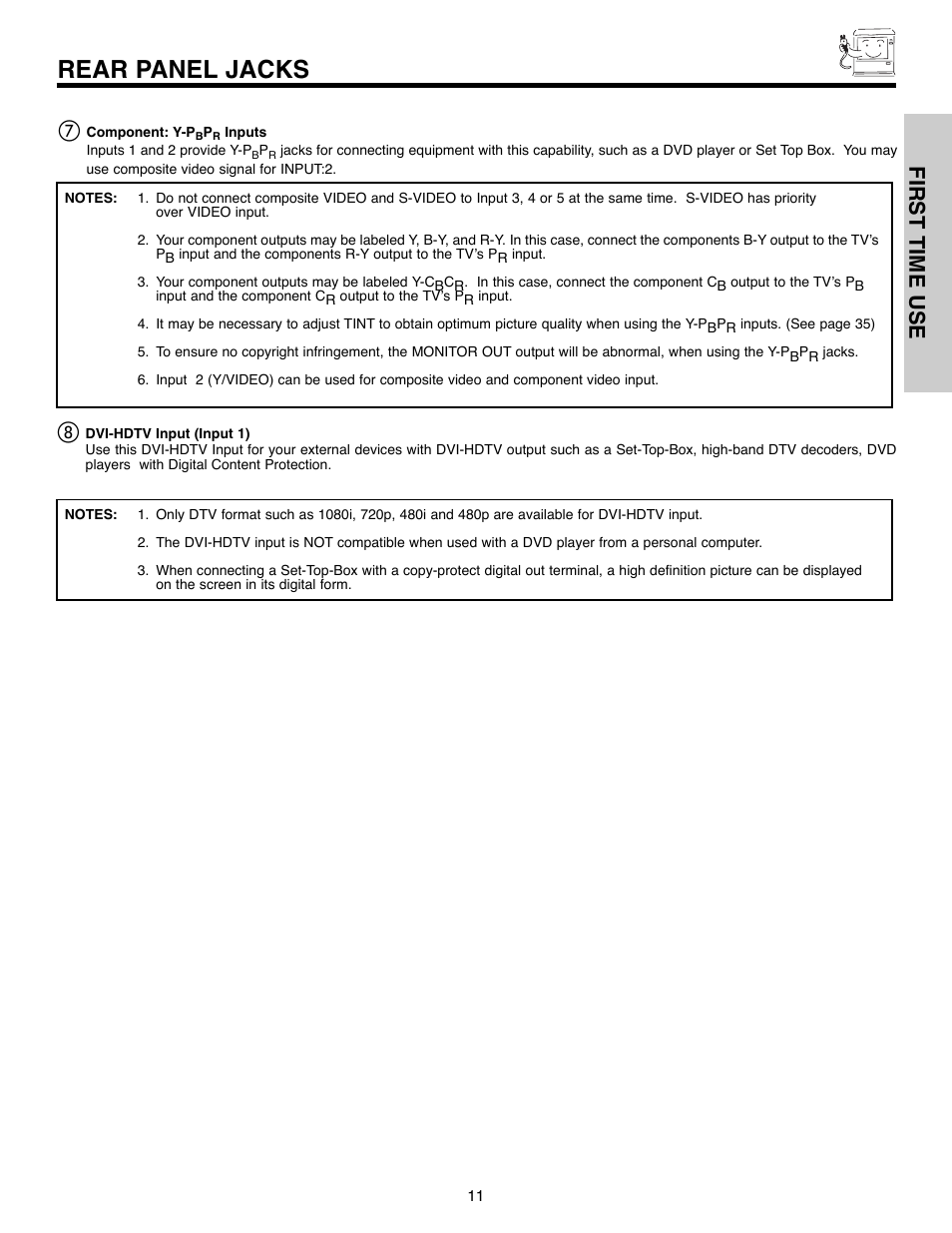 Rear panel jacks, First time use | Hitachi 50C10E User Manual | Page 11 / 72