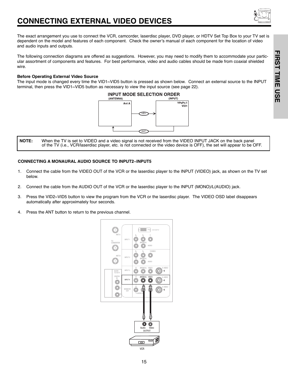 Connecting external video devices, First time use | Hitachi 50C10E User Manual | Page 15 / 72