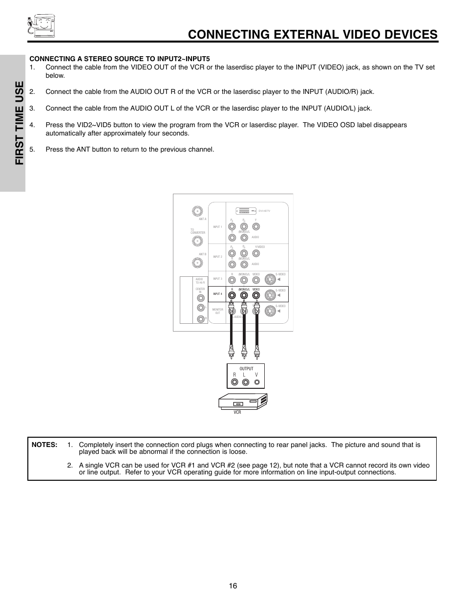 Connecting external video devices, First time use | Hitachi 50C10E User Manual | Page 16 / 72