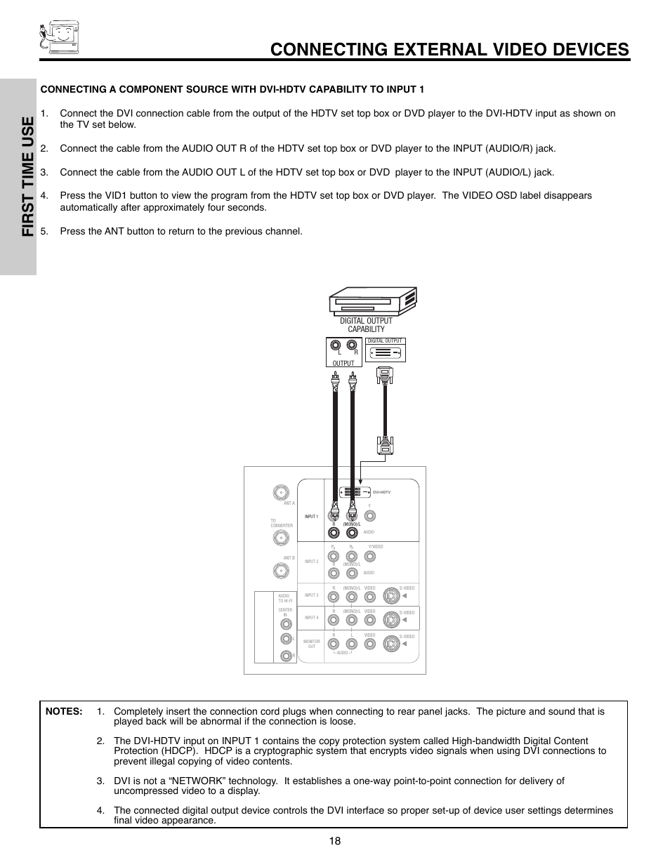 Connecting external video devices, First time use | Hitachi 50C10E User Manual | Page 18 / 72