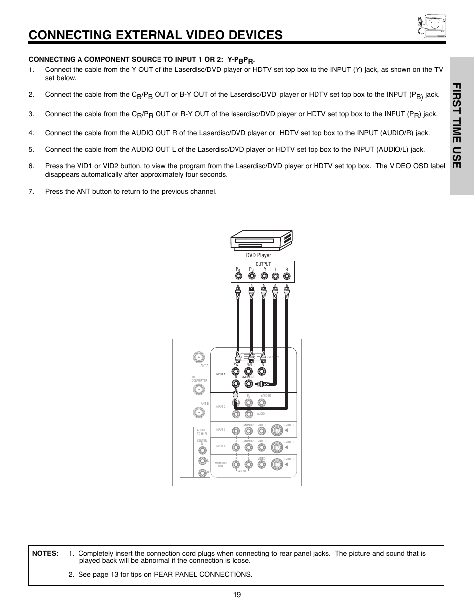 Connecting external video devices, First time use | Hitachi 50C10E User Manual | Page 19 / 72
