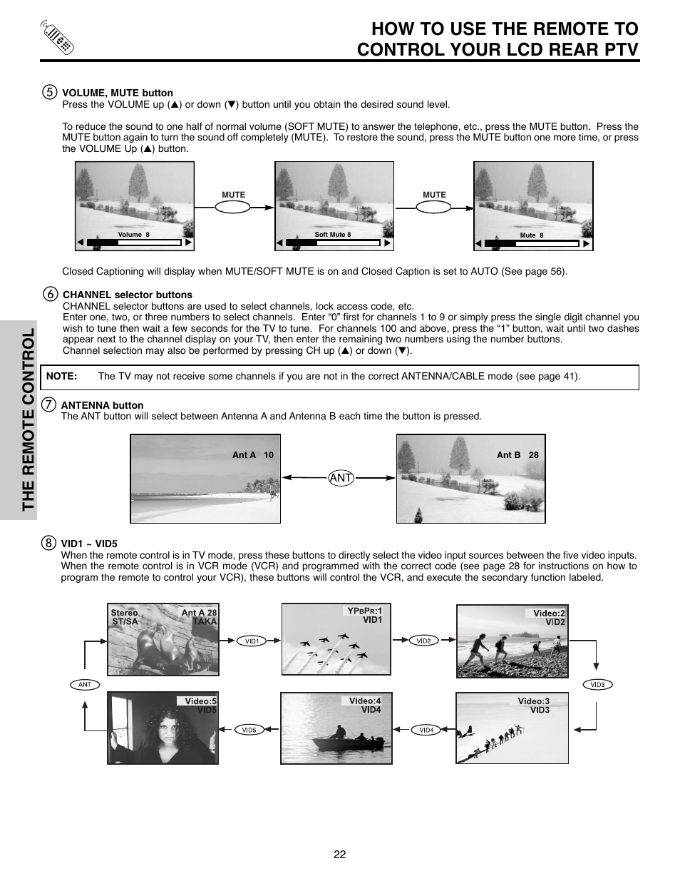 How to use the remote to control your lcd rear ptv, The remote control | Hitachi 50C10E User Manual | Page 22 / 72