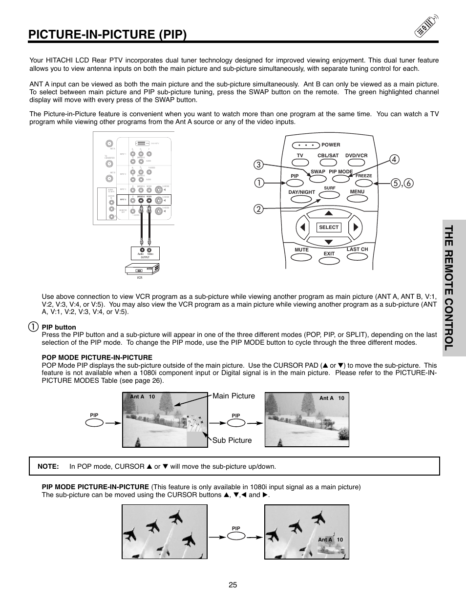 Picture-in-picture (pip), The remote control, ቢቤ ብ ቦ,ቧ | Main picture sub picture | Hitachi 50C10E User Manual | Page 25 / 72