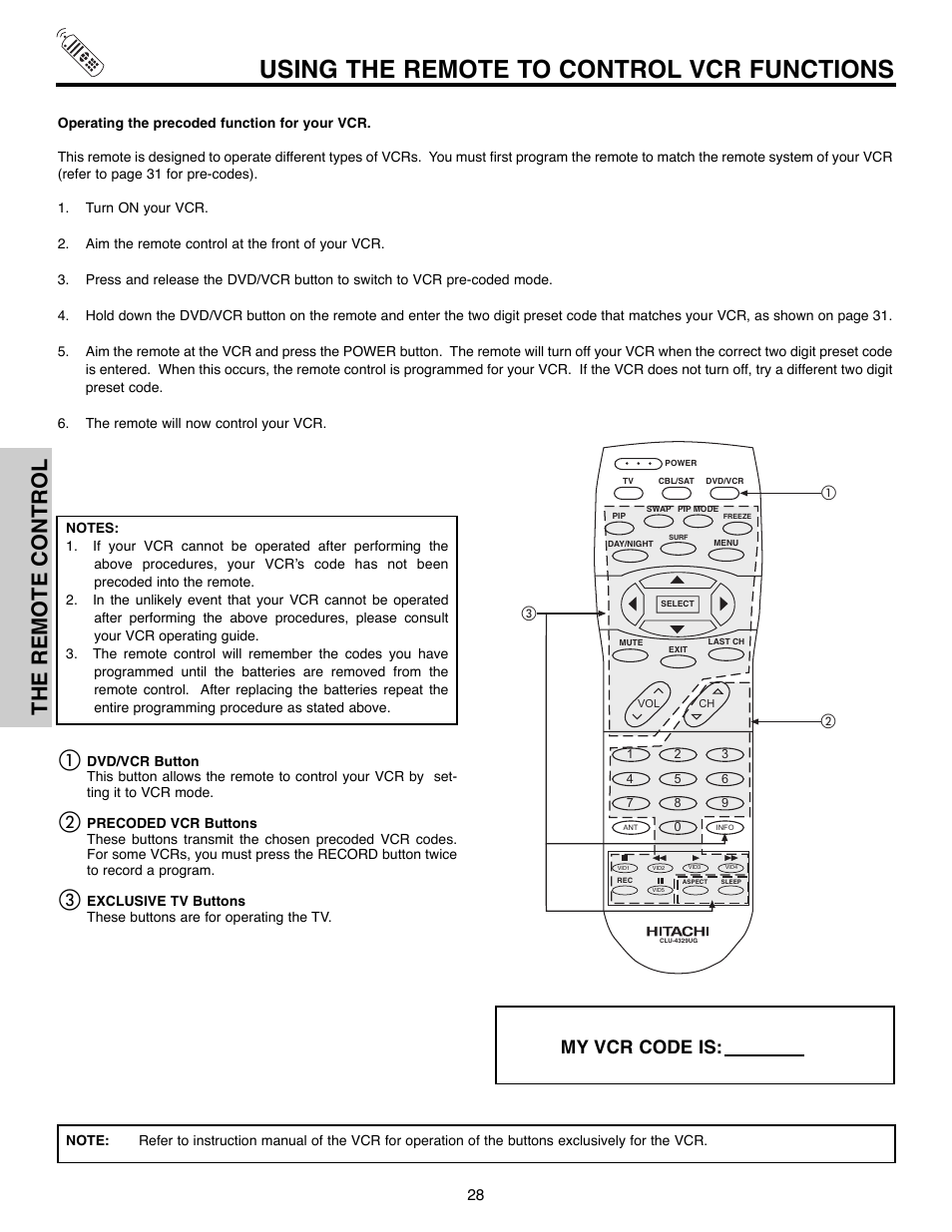 Using the remote to control vcr functions, The remote control, My vcr code is | Hitachi 50C10E User Manual | Page 28 / 72