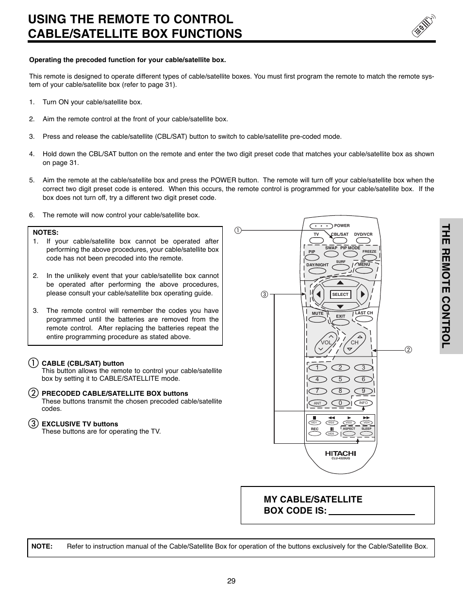 The remote control, My cable/satellite box code is | Hitachi 50C10E User Manual | Page 29 / 72