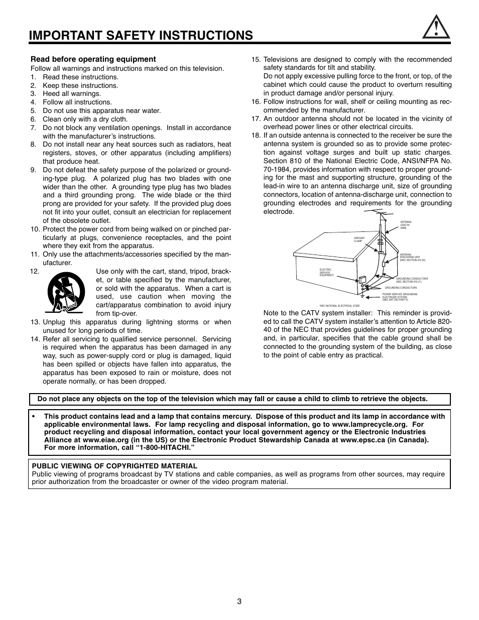 Important safety instructions, 3read before operating equipment | Hitachi 50C10E User Manual | Page 3 / 72