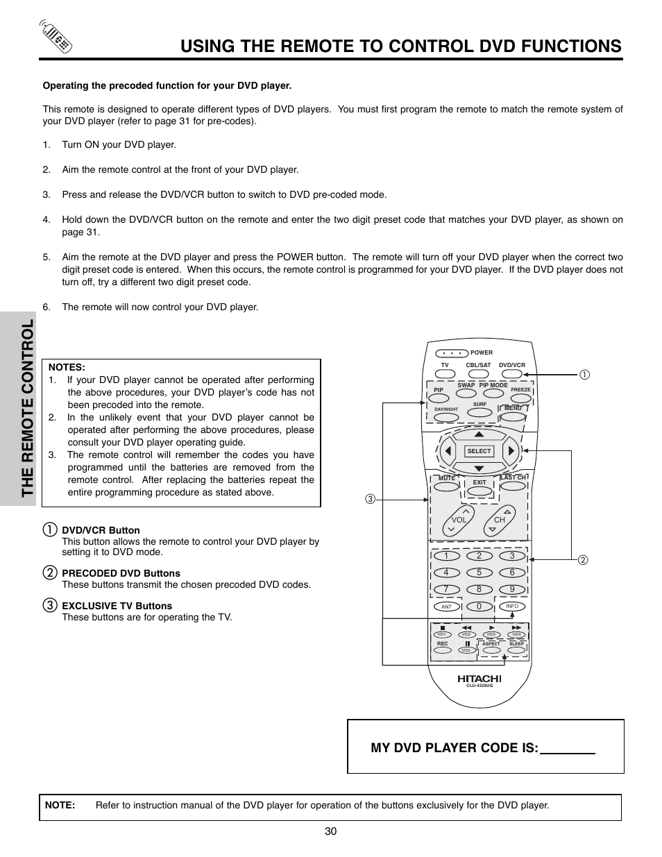 Using the remote to control dvd functions, The remote control, My dvd player code is | Hitachi 50C10E User Manual | Page 30 / 72