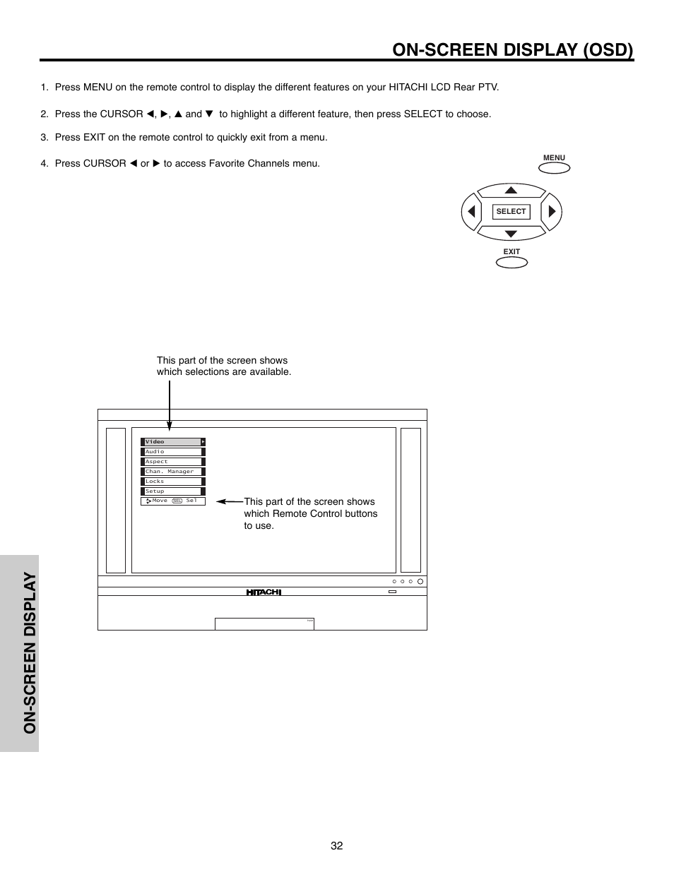 On-screen display (osd), On-screen displa y | Hitachi 50C10E User Manual | Page 32 / 72