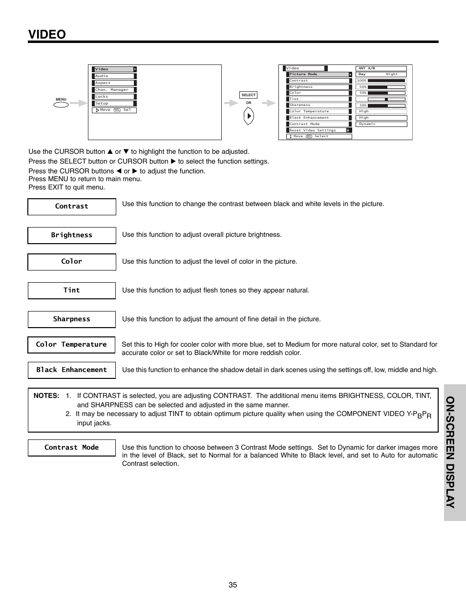 Video, On-screen displa y | Hitachi 50C10E User Manual | Page 35 / 72